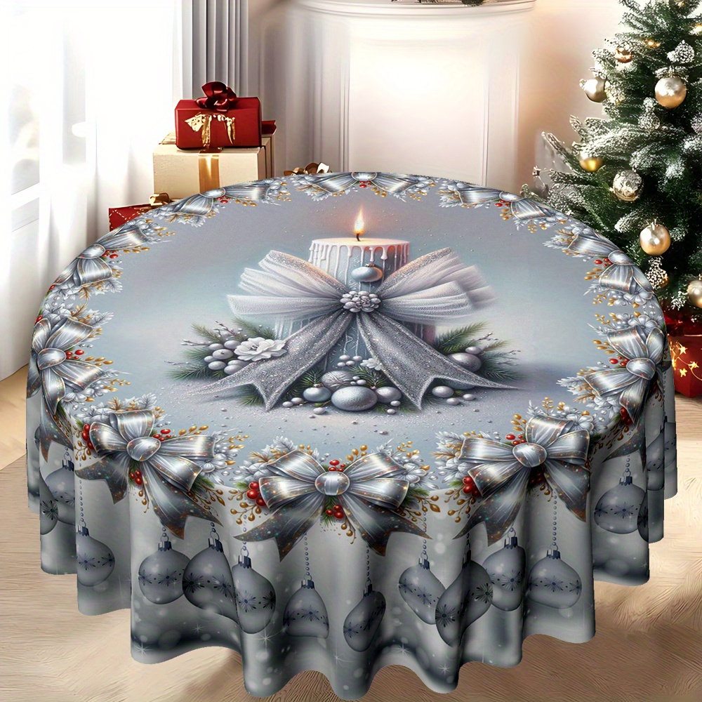 TEMU 1pc Rectangular Tablecloth, Christmas Themed With Silvery Bow And Bell, For Kitchen And Dining Room. Made From 120g/㎡ Twill Material, Used As A