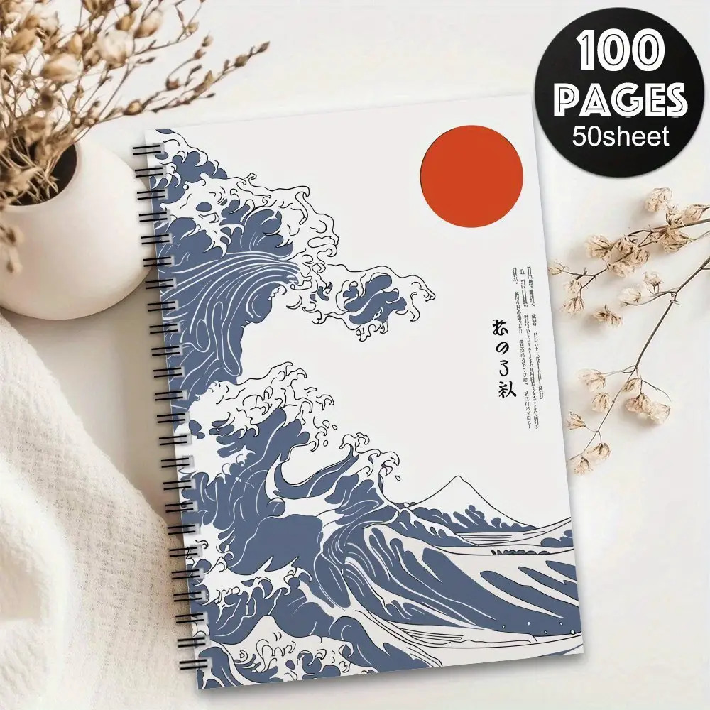 TEMU A Vintage Japanese Spiral Notebook Featuring Of 's Great Wave - Elegant Blue And White Cover With A Red Seal Design, A5 Size, Durable Spiral