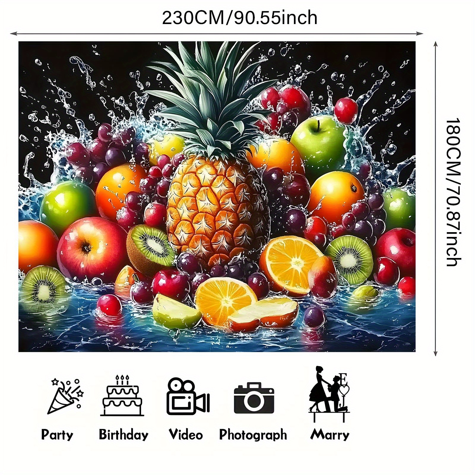TEMU . Lebendiges Obst-Hintergrundbanner mit Kiwi, , & Ananas – Bunte Polyester-Wanddekoration für Fotoautomaten, Geburtstage, Jubiläen und Partys –