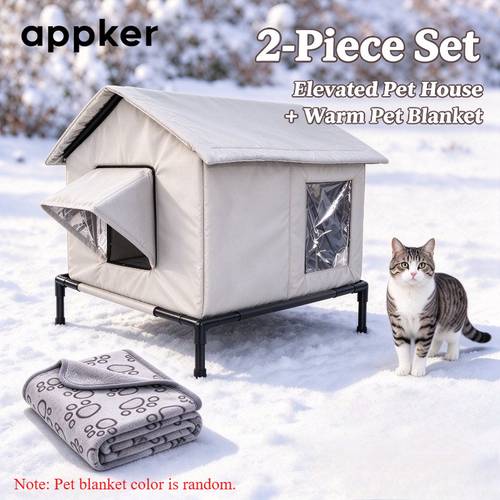item picture 2pcs large outdoor elevated cat house with soft blanket weatherproof oxford cloth pet shelter suitable for winter thermal draft blocking assembly style suitable for small dogs cats cat shelter