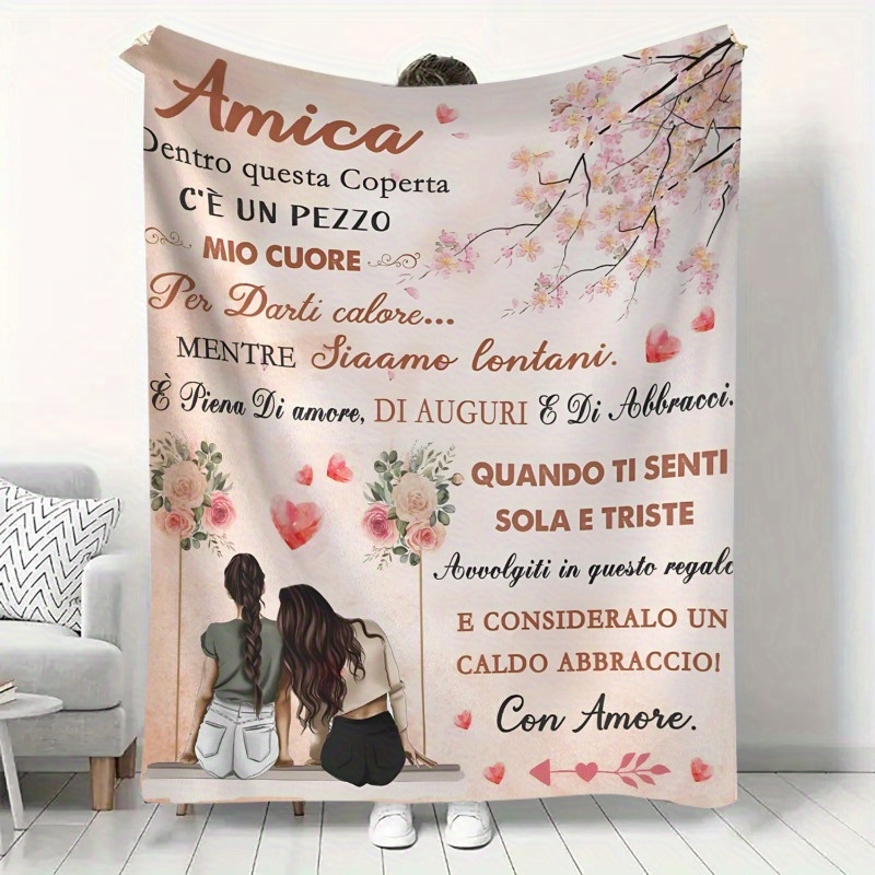 TEMU Coperta 2D stampata a con scritta "Amicizia preziosa italiana" - plaid in flanella per e TV con cornice fotografica " ", design con fiori di