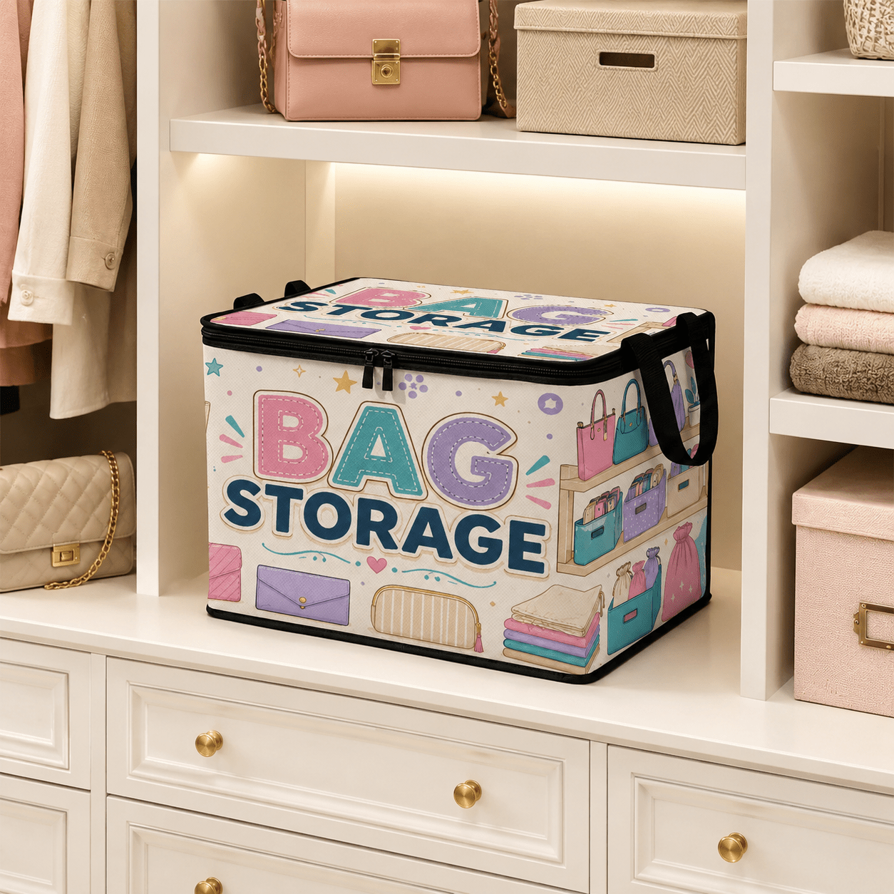 TEMU 1pc - Large Capacity Foldable Storage Box | Fresh Handbag Theme 2d Printed Pattern Wardrobe Storage Box | Dust-proof And Dust-resistant Storage
