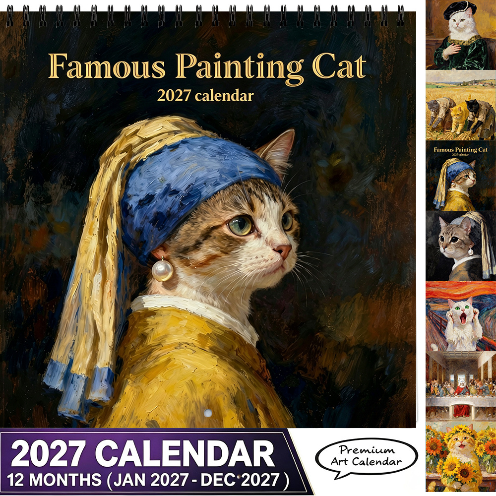 TEMU 1pc 1pcs Famous Painting Cat Wall Calendar 2027 - Oil Painting Style Monthly Planner With Hanging Calendar Suitable For Home Office Decor,