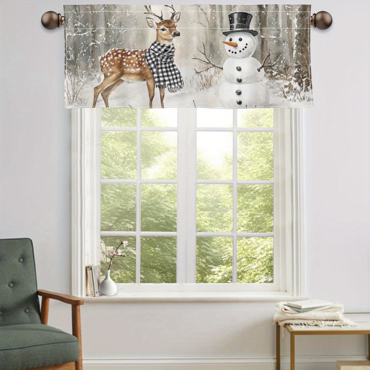 

Winter Elk & Snowman Valance Curtain - Rod For Easy Hanging, Kitchen, Cafe, Bathroom, Living Room, Bedroom - Christmas Home Decor