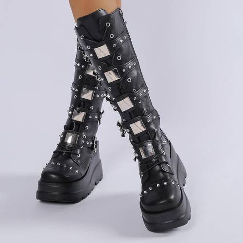 2026 new over the knee boots multi studded thick soled chunky heel boots multi over the knee boots studded lace up gothic style footwear suitable for music festivals clubs and everyday women shoes