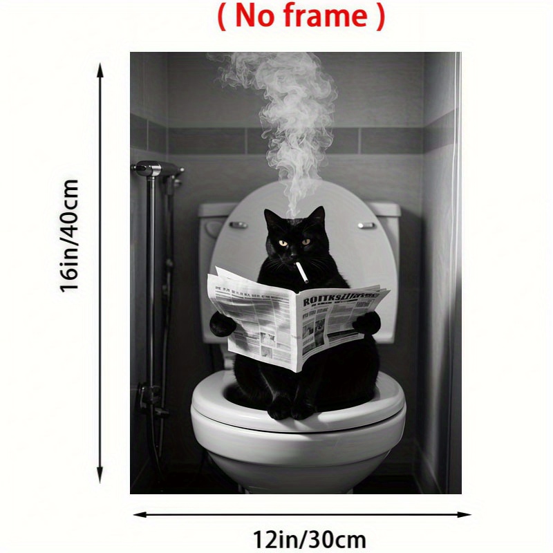 E-shop 1 Stück rahmenlose Leinwanddruck-Poster - Schwarze Katze raucht liest Zeitung auf der Toilette, humorvolle Badezimmer-Wanddekoration für