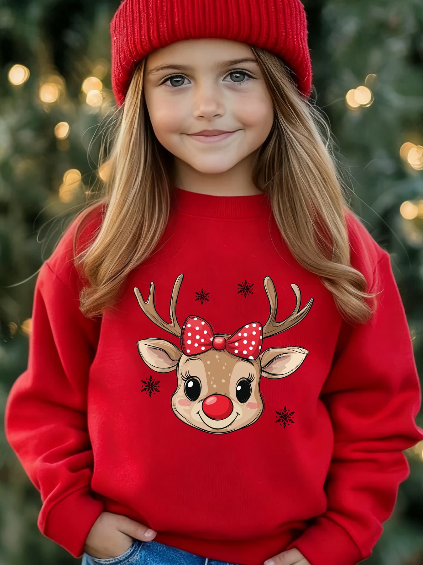 item picture autumn and   fleece round neck sweatshirt for girls on christmas featuring a loose casual long sleeve pullover with prints of reindeer with a red polka dot bow snowflakes and more model wy7227