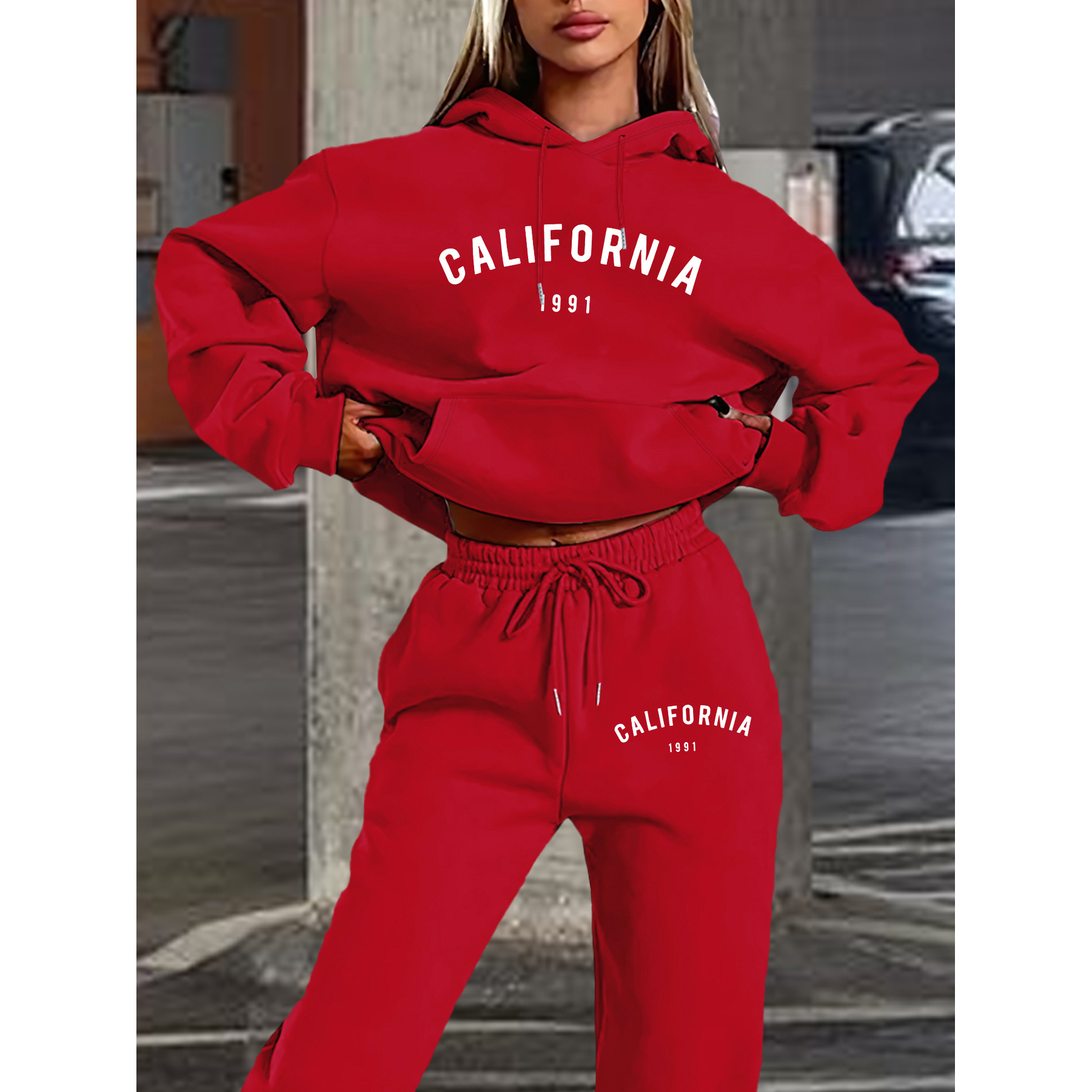 

Women's California 1991 Hoodie And Pants Set - Casual Polyester Knit Sweatshirt And Trousers With Hood, Alphabet Pattern, And Pocket For Fall/winter Season