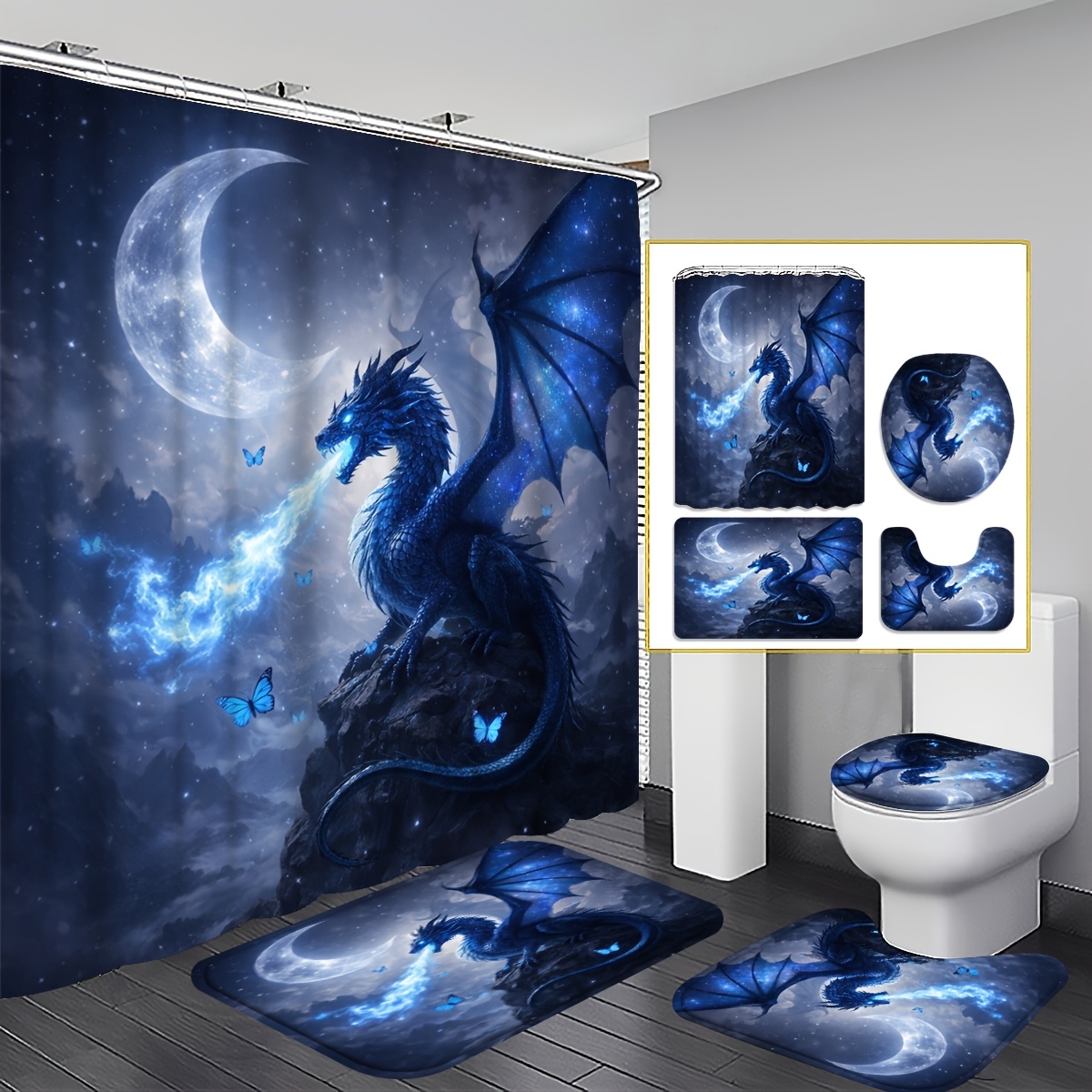 TEMU 4pcs Dragon Set, And Easy To . Includes U-shaped, Toilet Seat Cover And 12 Hooks For Cool, Mysterious Bathroom Decor