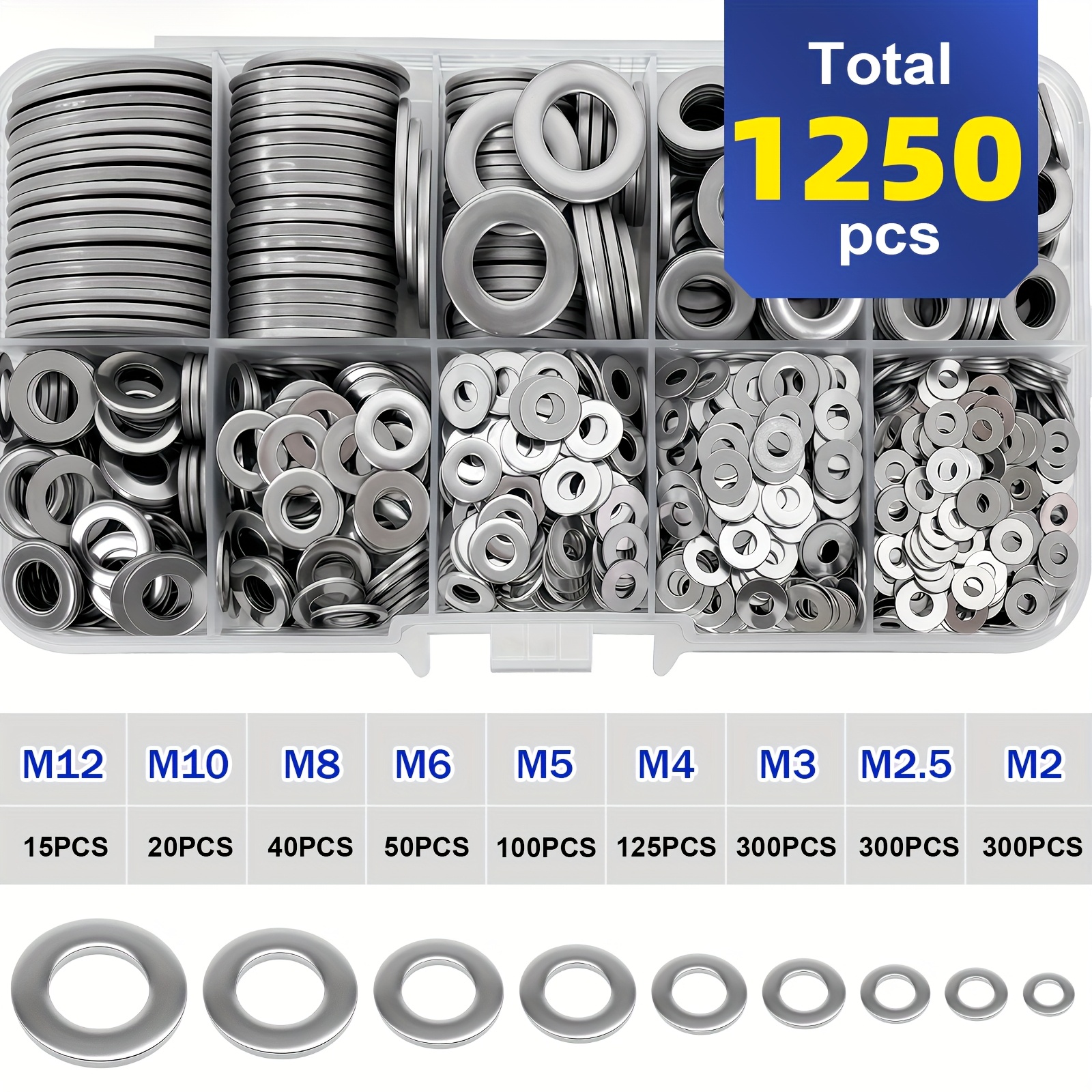 TEMU 1250pcs Flat Washer Set Made From Durable 304 Stainless Steel, Featuring A Polished End. This O-ring Fastener Gasket Collection Comes With A
