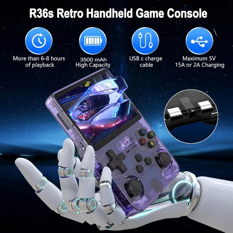 r36s with 8.89cm ips screen, 128gb storage, 21000+ , system, 3500mah battery & wireless charging - portable pocket video player for retro gaming Product details 1