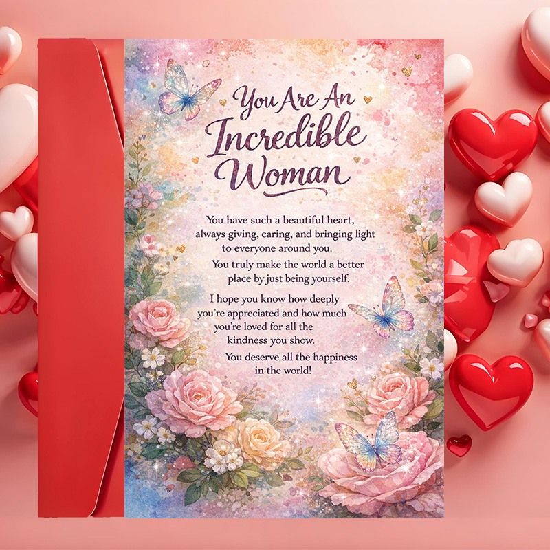 TEMU 1 Greeting Card + 1 Envelope Beautiful Inspirational Greeting Card For Women With Flowers And Butterflies Perfect For, Birthday, Or Appreciation Gifts, Family, And Paper, English Language