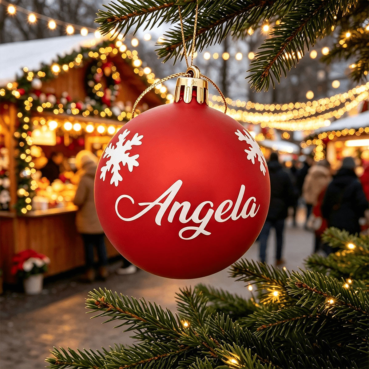 TEMU 1pc Ornement de Noël avec Nom Personnalisé, Boule de Noël Rouge Personnalisée avec Motif de Neige, Décoration à Suspendre pour Sapin de Noël,