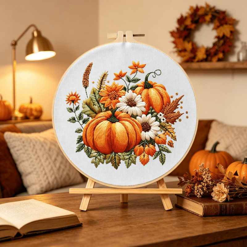 Fall Pumpkin Autumn Harvest Halloween Embroidery Kit for Adults & Beginners