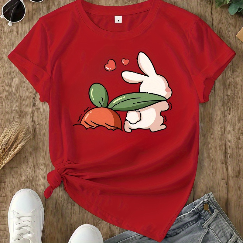 

T-Shirt Chic pour Femmes avec Design Mignon de Lapin & - Manches Courtes Décontractées, Col Rond pour /Été/Automne - Mélange de Polyester Lavable en Machine