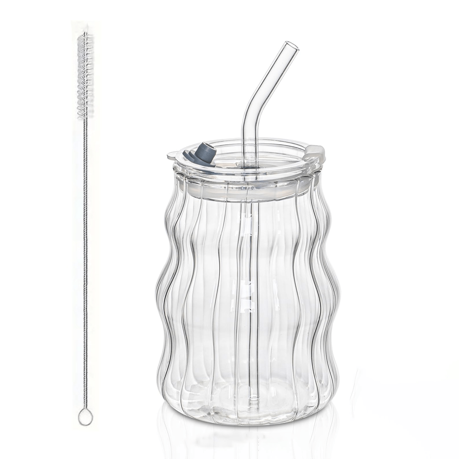 TEMU 1/2/4 pcs Gobelet en verre avec couvercle et paille, verres à de 500 ml avec couvercle, avec brosse de nettoyage de paille, tasses côtelées pour