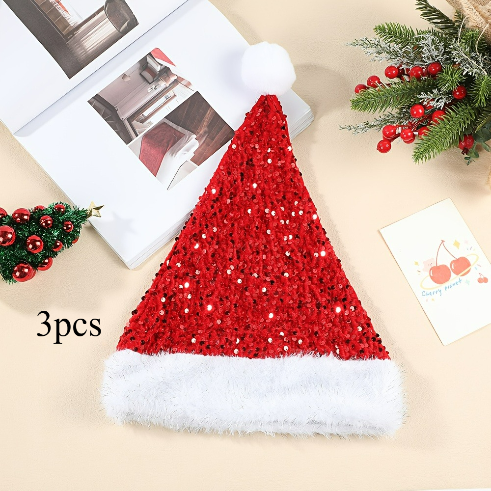 TEMU 3pcs Christmas Hats With Sparkling Sequins - Durable Plastic Material, White Pom-pom Top And Red Ribbon, Suitable For Christmas, New Year's Eve,