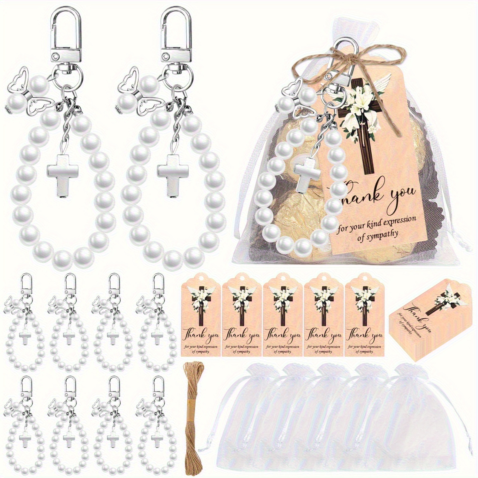 Gift For Her/him 30 Souvenirs Including Cross Keychains, Gauze Bags, Thank You Cards, And Twine For Funeral Activities Gifts And Return Gifts For Customers- Party Favors| Party Key Ring Gift Bag