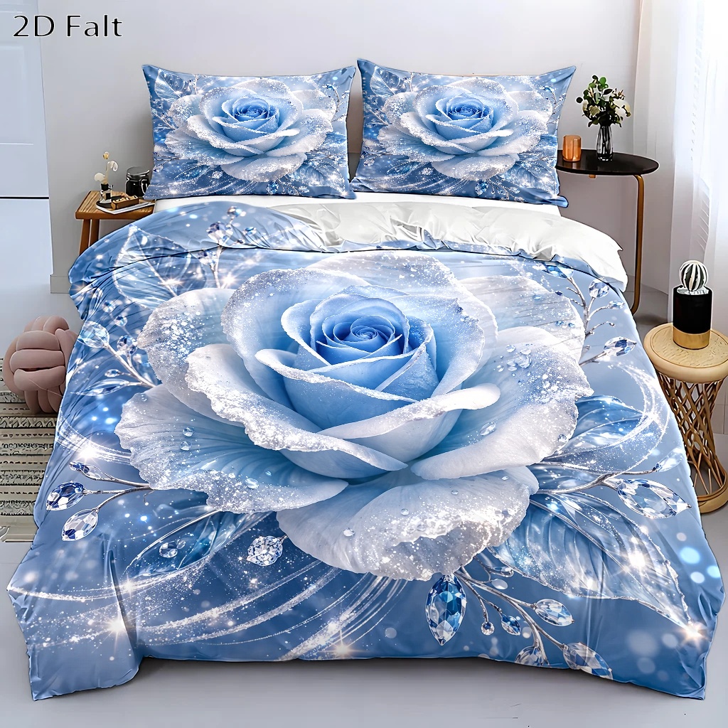 TEMU 3pcs Blue Rose Sparkling Duvet Cover Set, Bedding 3pcs Set (1*duvet Cover   2*pillowcases), Suitable For , Machine Washable, Invisible Zipper