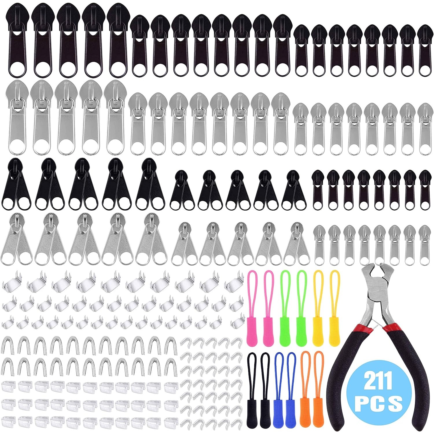 TEMU 211pcs Zipper Repair Kit With Zipper Install Plier For Diy Bags, Luggage, Backpacks, Silvery And Black