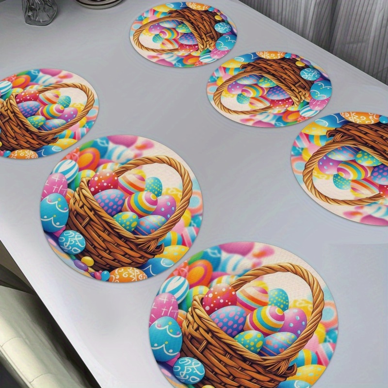 

Easter Bunny & Egg 6pcs Round Placemat Set, Non-woven Polyester, Hand Washable, 15in - Elegant Dinner Table Mats For Home And Restaurant Decor