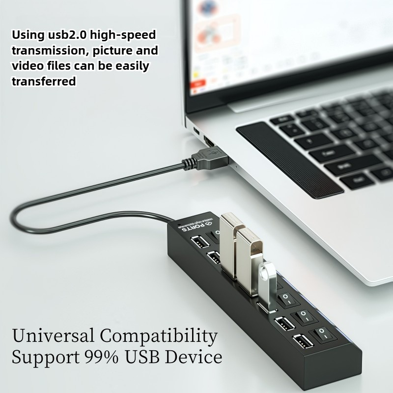 1pc Hub USB 2.0 Haute Vitesse avec Interrupteurs Individuels, 4 ou 7 Ports - Extendeur Alimenté par USB pour Disques, HDD, Clavier, Souris | Utilisation en Camping-Car, Non pour Chargement | Hub Multi-Appareils – Image 11