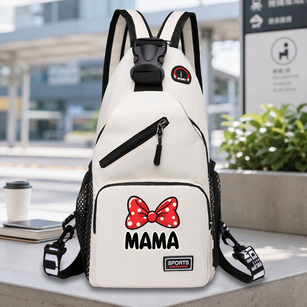 TEMU Bolso de pecho Minnie Bow MAMA de 1 pieza - Mochila bandolera cruzada ajustable con conector para auriculares con cable, cierre de cremallera,
