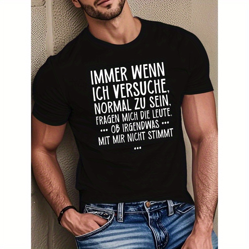 

Men's Humorous German Quote T-shirt - Casual Black Short Sleeve Top, 100% Polyester, Machine Washable, Summer Wear, Casual Summer Top| Text Print|smooth Texture