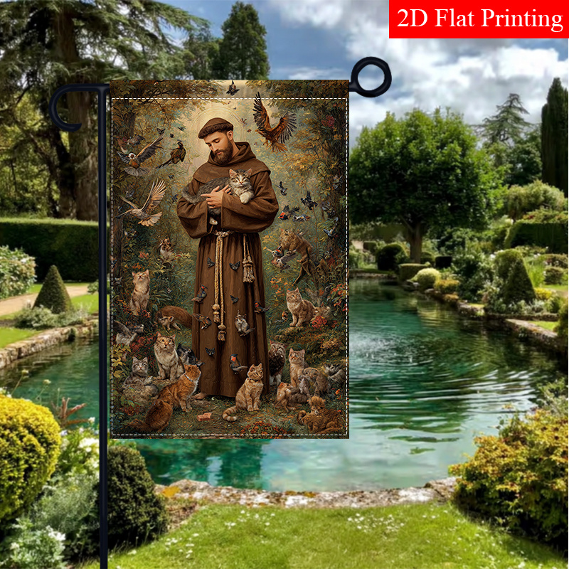 TEMU 2d Flat, (2d Flat Printhing), 1pc Saint Surrounded By Cats And Birds Autumn Garden Flag Natural Scene Small Courtyard Flag Outdoor Porch Lawn
