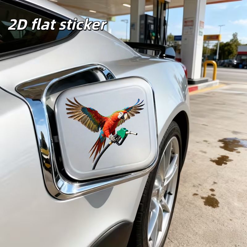 1pc 2d Flat Sticker A Vibrant Macaw Parrot With Red Blue Green Plumage In Mid-flight Gripping Silver Fuel Nozzle, Car Fuel Tank Cap Sticker, Car Decal