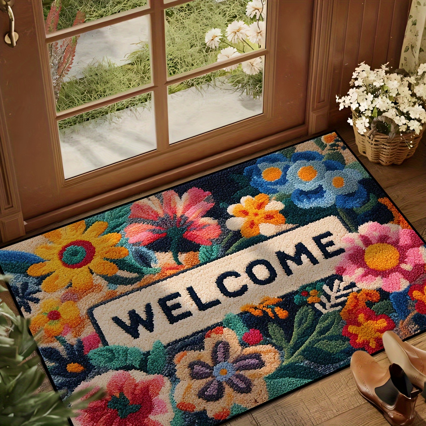 

1pc Spring Floral Welcome Door Mat, Non-slip Washable Entry Mat, Stain-resistant Carpet, Suitable For Kitchen, Dining Room, Hallway, Bathroom, Bedroom, Party, Yard Decoration, Holiday Decoration