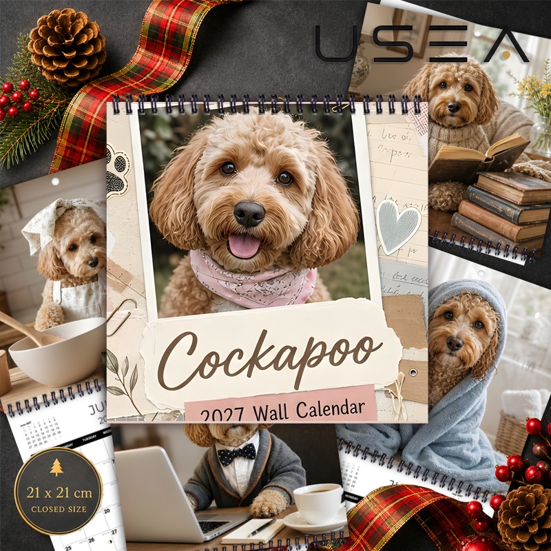TEMU 2027 Wall Calendar, 1pc Of 2027 Cockapoo Hanging Wall Calendar, Spiral Binding, 21.08x21.08cm Square, Cute Dog Theme, Decoration, Squares, Gift