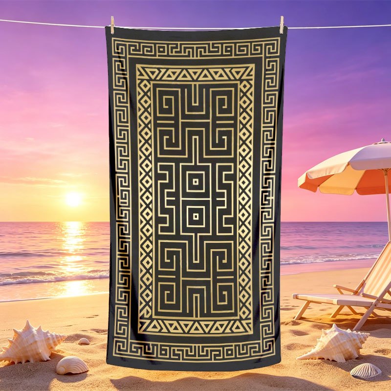 TEMU 1pc Greek Meander Geometric Pattern Beach Towel, Soft, Quick-drying, Durable, Easy To Carry, Perfect For Summer Beach Travel, Swimming Pool,