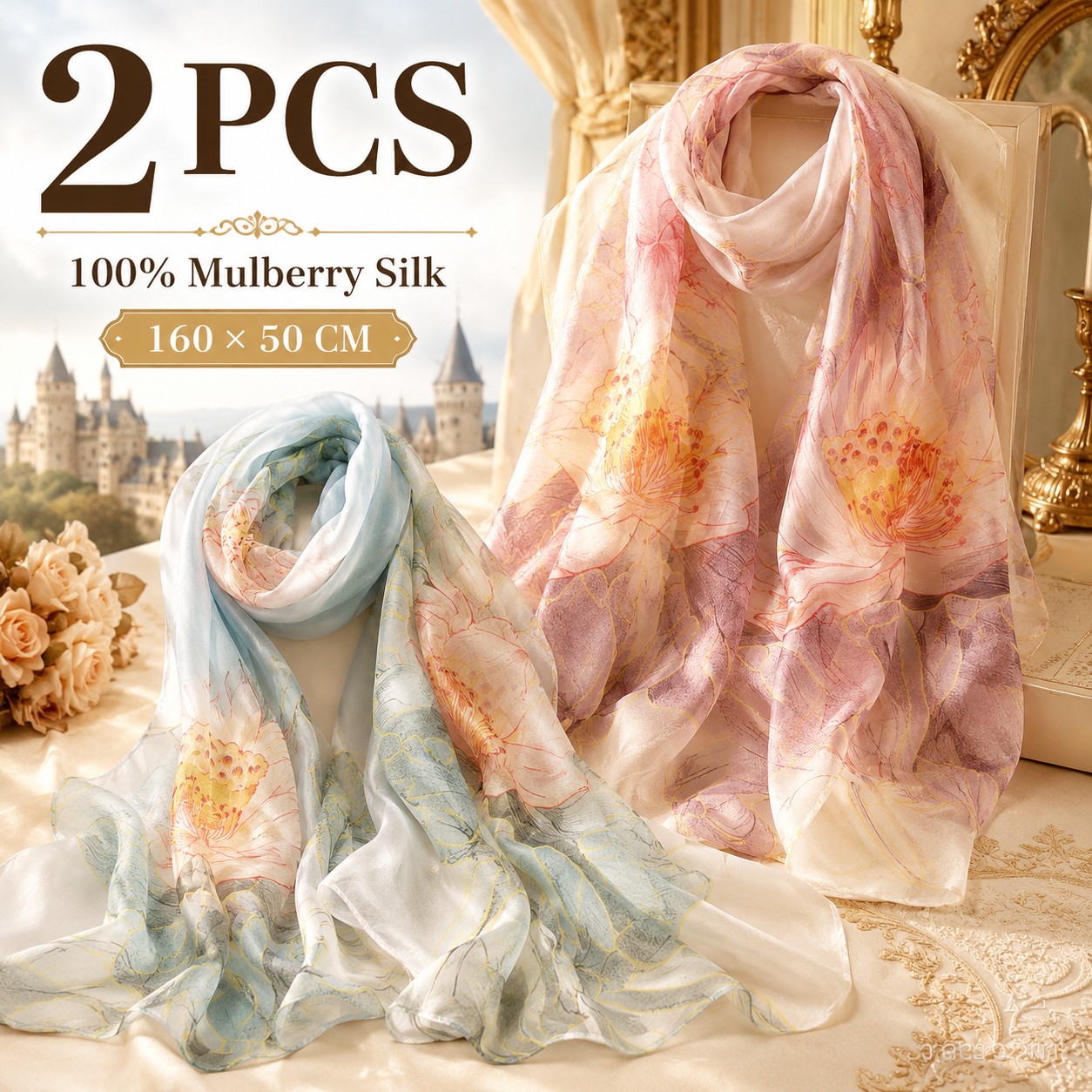 TEMU 2pcs 100% Silk Long Scarf For Women, Lotus Floral Print Decorative Shawl Set, Lightweight Elegant Neck Wrap, 160 X 50cm Gift For Ladies