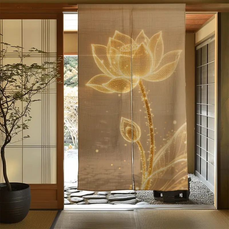 TEMU 【1枚】日本風ノレンカーテン ト 蓮の花デザイン 光る 丈夫な生地 洗濯機洗い可能 バスルーム ルーム レーション 伝統的な日本の美的パーティションカーテン お祭りにも最適