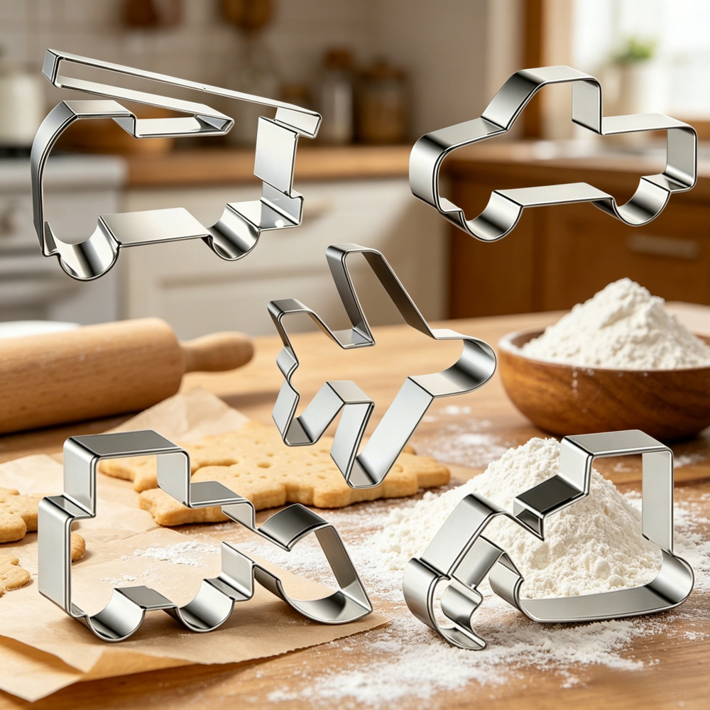 Image of 5pcs Transportation Theme Cookie Cutters, Stainless Steel Aircraft Car Engineering Car Shape Biscuit Press Mold, Home Kitchen Baking Supplies For Boys Birthday Pastry Decoration