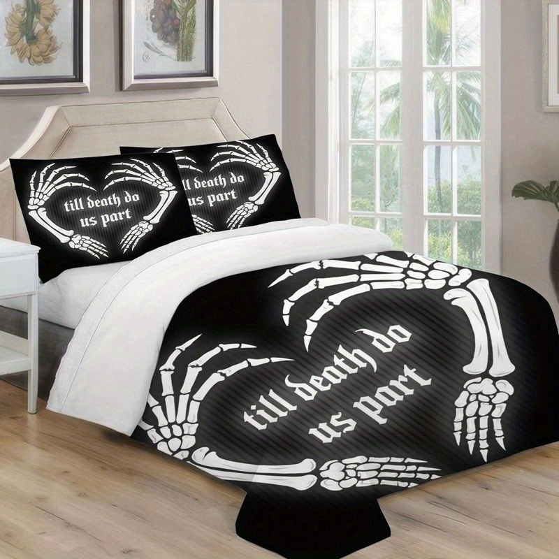 set of 3 gothic skeleton hand heart duvet cover skull bedding with the theme   do us part black and white halloween style bed soft microfiber bedroom decoration perfect romantic gift for couples   1 duvet cover and 2 pillowcases Product details 7