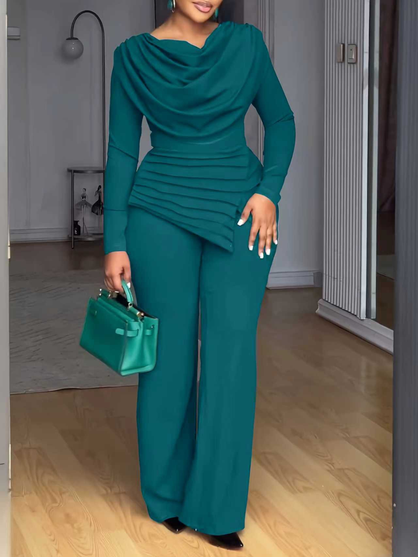 2pcs Set, Ladies' Elegant Suit, Waist Cinched Top+flared Pants Fashionable  Casual Suit, Suitable for Commuting to Work&going Out Wear