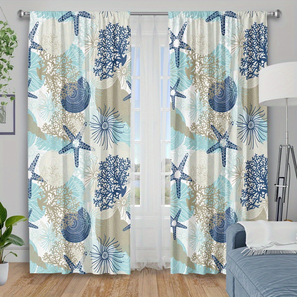 TEMU 2pcs Print Blackout Curtains, Starfish And Coral Design, Thermal Insulating Polyester Fabric, Machine Washable, Suitable For Bedroom, Living