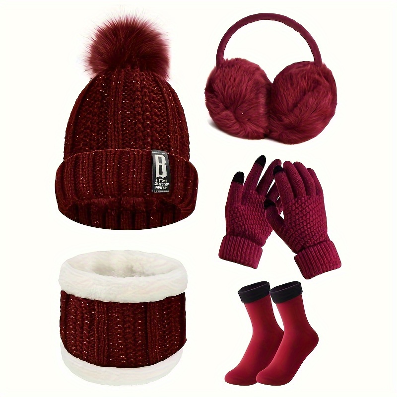 TEMU Winter Warm Knit Set, Pom Pom Beanie Hat, Fleece Lined Neck Warmer, Touch Screen Gloves, Plush Earmuffs & Thermal Socks, Cold Weather Thermal