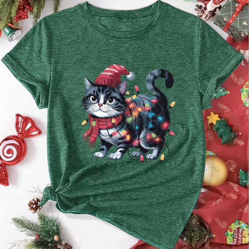 

Women's Christmas Cat & Lights Print T-shirt - Casual Sporty Short Sleeve Top, Stretchy Polyester , Machine Washable