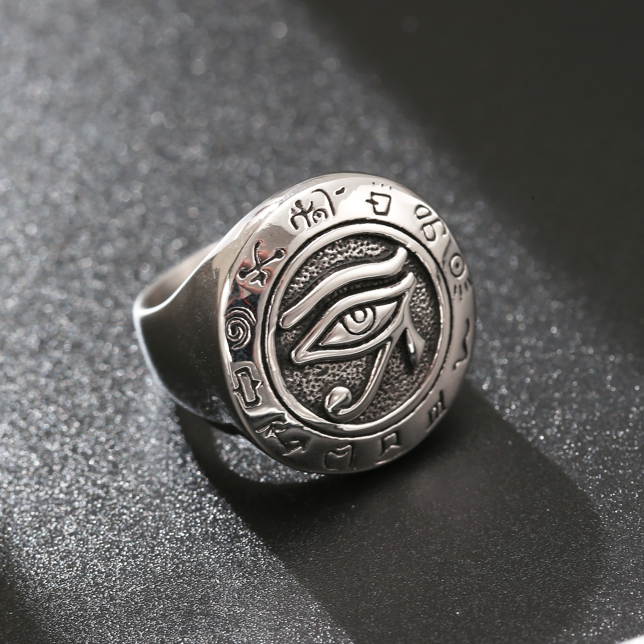 Image of Vintage 304l Stainless Steel Eye Of Horus Band Ring For Men, Trendy Fashion Style Wide Band, Edgy Streetwear Accessory