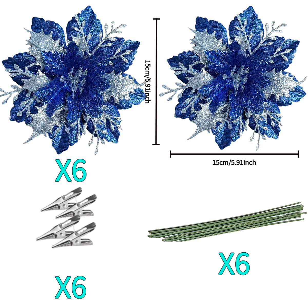 TEMU 18pcs Blue And Silvery Glitter Poinsettia Artificial Flower Set, Includes 6 Flowers + 6 Stems + 6 Clips, 15cm Large Flower Head Artificial ,