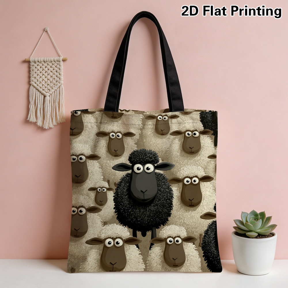 TEMU 1pc Unisex Tote Bag Suitable For - Reusable Spacious Shopping Bag With Black Sheep In White Flock Print, Casual Durable Tote Suitable For Daily