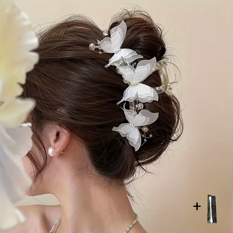 TEMU [large Sparkling Hair Clip] 1pc Elegant Hair Clip With Sparkling Rhinestones & Beads+1pc Cleaning Rod - Chic Y2k Style Large Shark Clip For