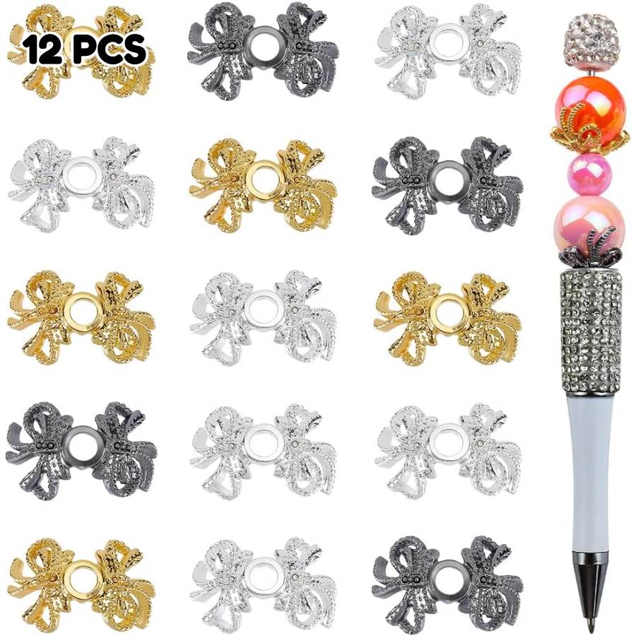 TEMU 12pcs Pen Bead Caps Jewelry Bead End Caps Random Assorted Color Alloy Hollow Bowknot Vintage Aesthetics Metal Fancy Bows Spacers For Pens