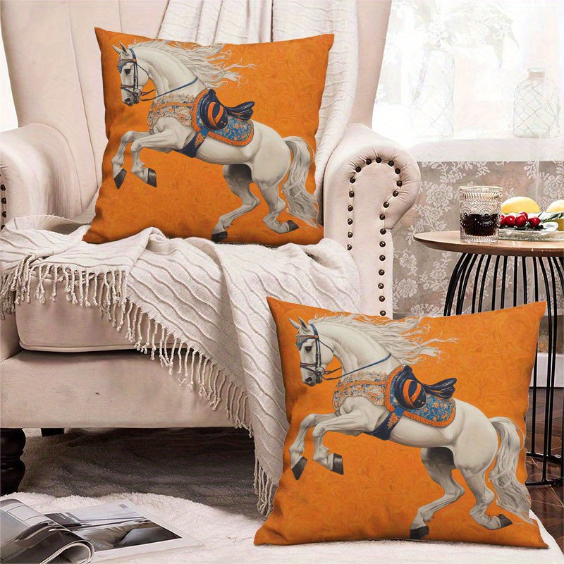 TEMU 2pcs White Horse Orange Pillowcases, Flat Printed Horse Riding Pattern Decorative Pillowcases, Modern Minimalist Style, Suitable For Decorative