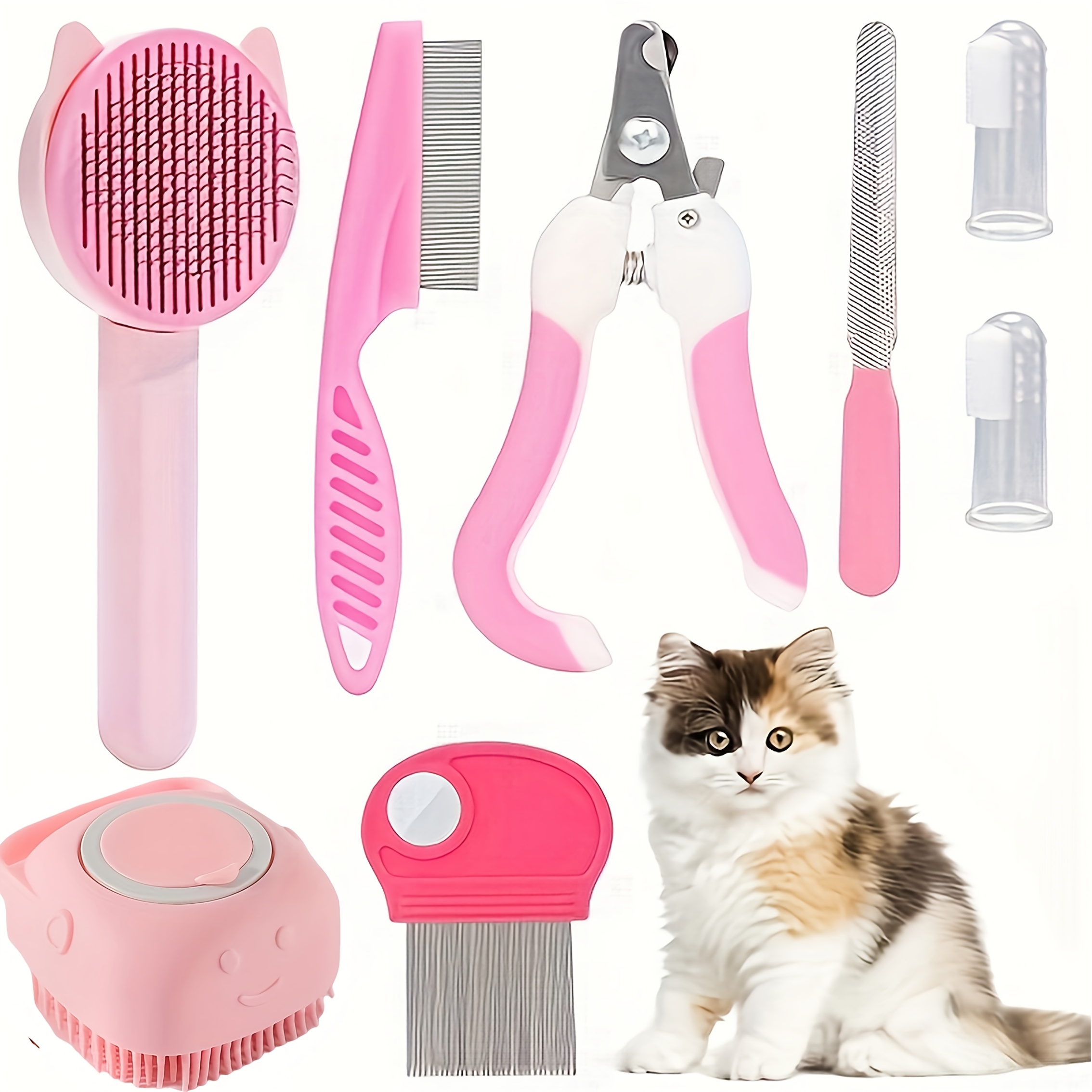 Image of 8pcs Cat Grooming Set, Pet Cleaning Set With Pet Nail Clippers And File, Flea Comb, Pet Shampoo Brush, Pet Hair Removal Brush, And Toothbrush