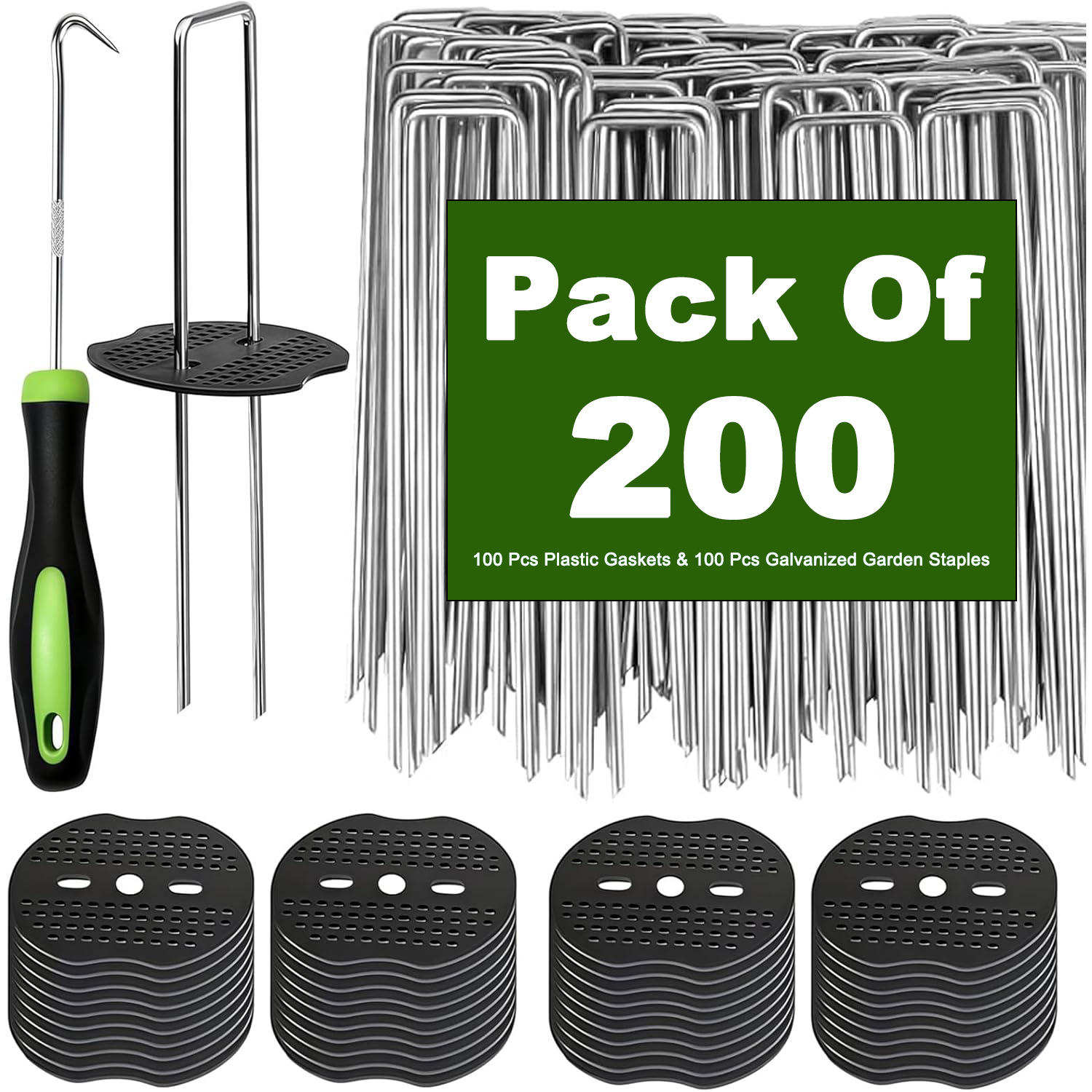 Image of 100pcs Landscape Garden Stakes+100 Gasket, 7. 91 Inch Galvanized Garden Stakes, U-shaped Yard Stakes For Outdoor Decorations, Heavy Duty Ground Stakes For Landscape Securing Weed Barrier Fabric