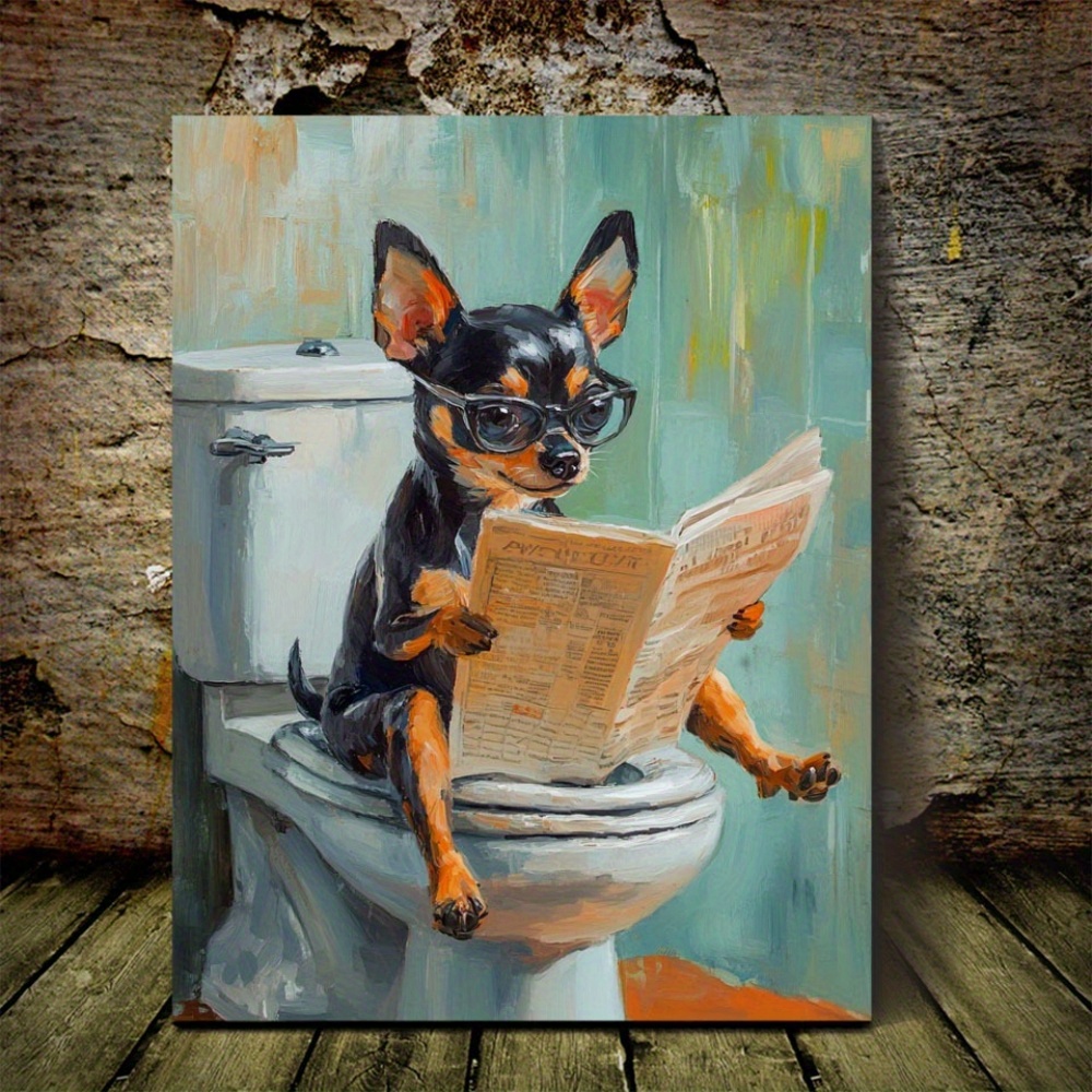 E-shop Ungerahmter Leinwanddruck 30x40 cm - Chihuahua auf der Toilette Zeitung , Verspieltes Hundethema Wanddekoration für Café, Büro, Wohnzimmer,